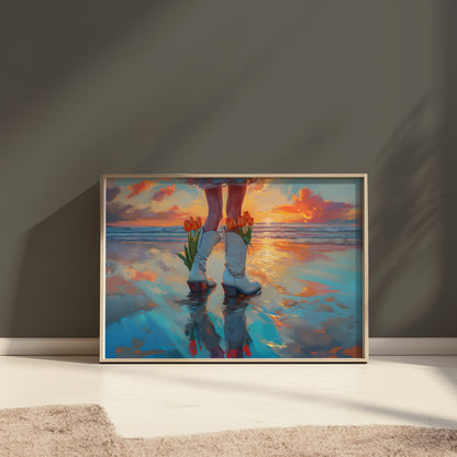 Premium Poster of Captivating Sunset Reflection with Tulips in Boots Posters
