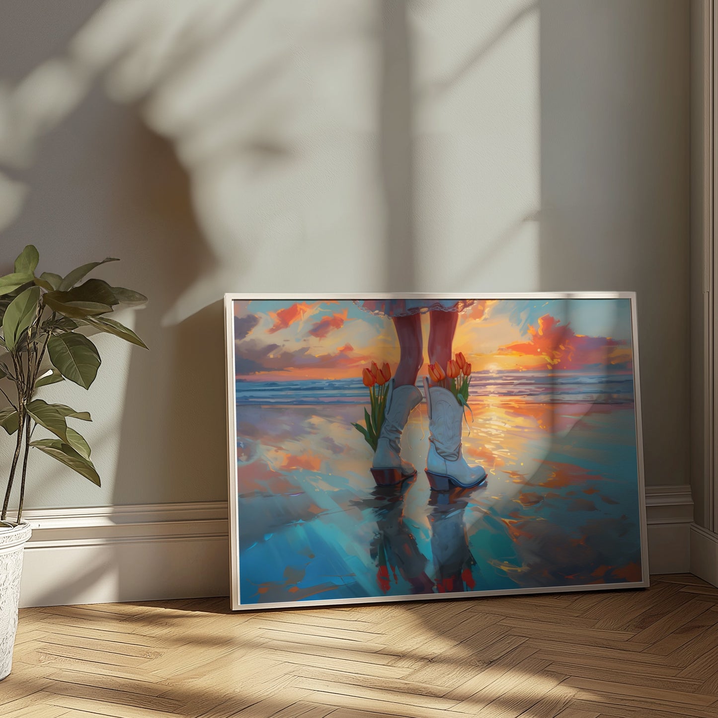 Premium Poster of Captivating Sunset Reflection with Tulips in Boots Posters