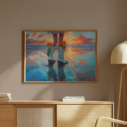 Premium Poster of Captivating Sunset Reflection with Tulips in Boots Posters