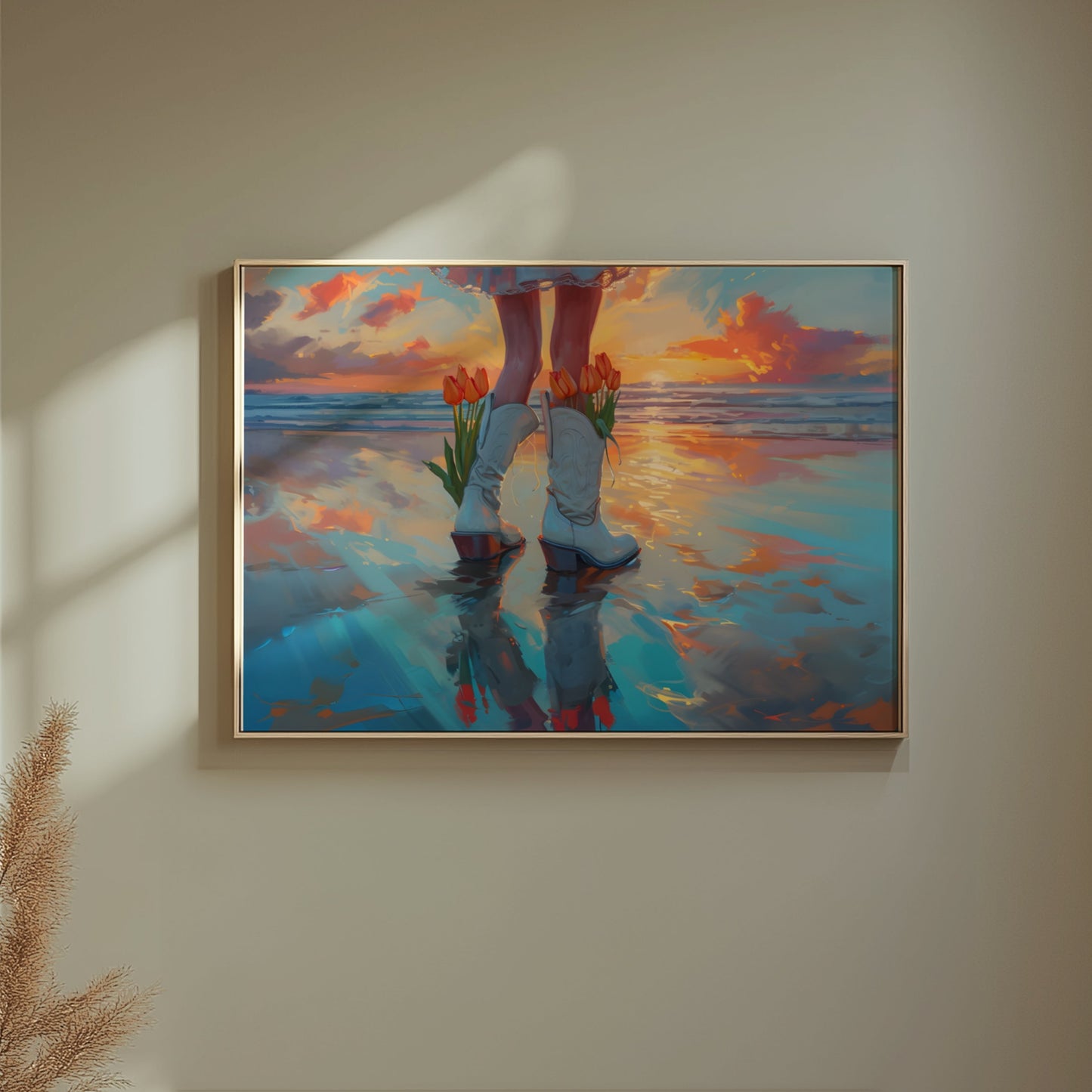 Premium Poster of Captivating Sunset Reflection with Tulips in Boots Posters