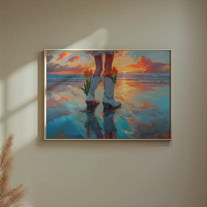 Premium Poster of Captivating Sunset Reflection with Tulips in Boots Posters