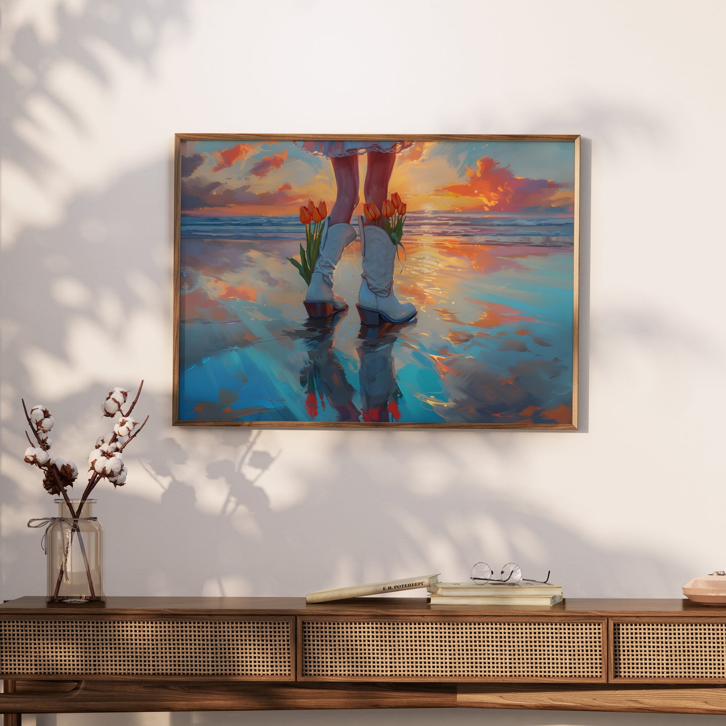 Premium Poster of Captivating Sunset Reflection with Tulips in Boots Posters