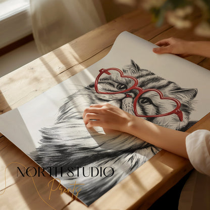 Premium Poster of Cat Illustration with Red Heart Sunglasses Posters