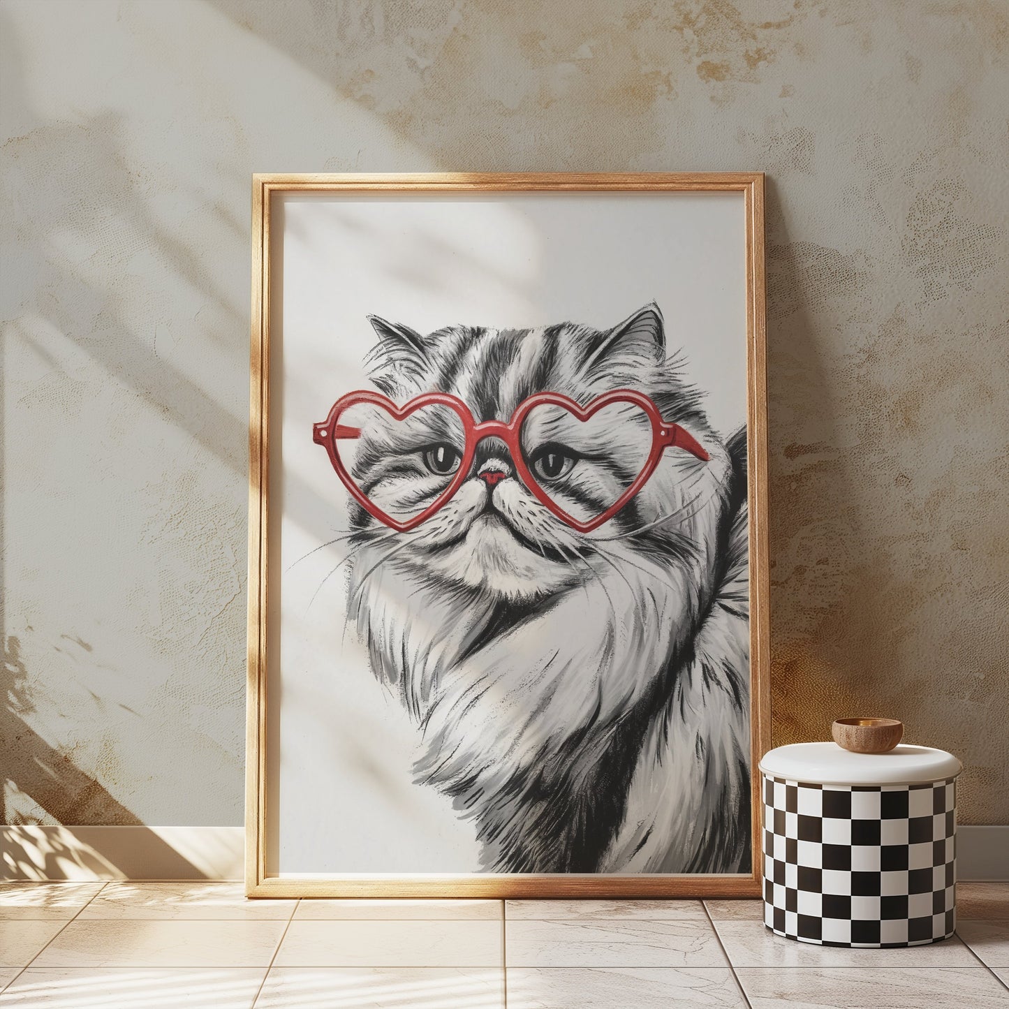 Premium Poster of Cat Illustration with Red Heart Sunglasses Posters