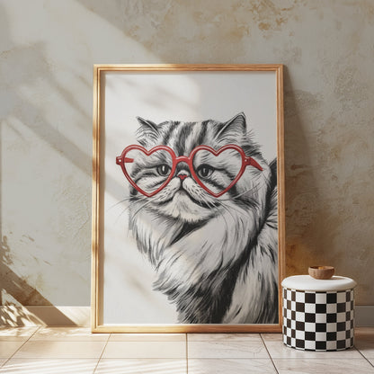 Premium Poster of Cat Illustration with Red Heart Sunglasses Posters