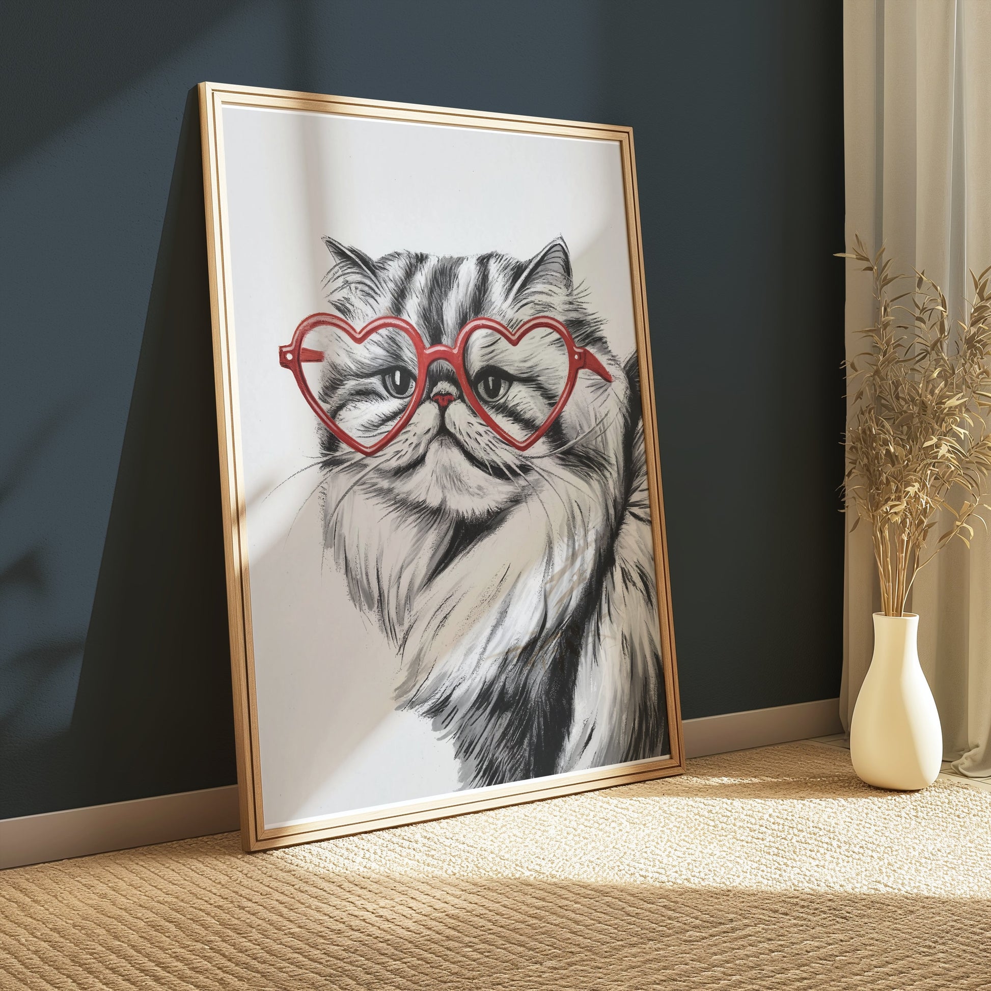 Premium Poster of Cat Illustration with Red Heart Sunglasses Posters