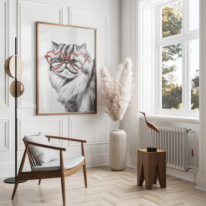Premium Poster of Cat Illustration with Red Heart Sunglasses Posters