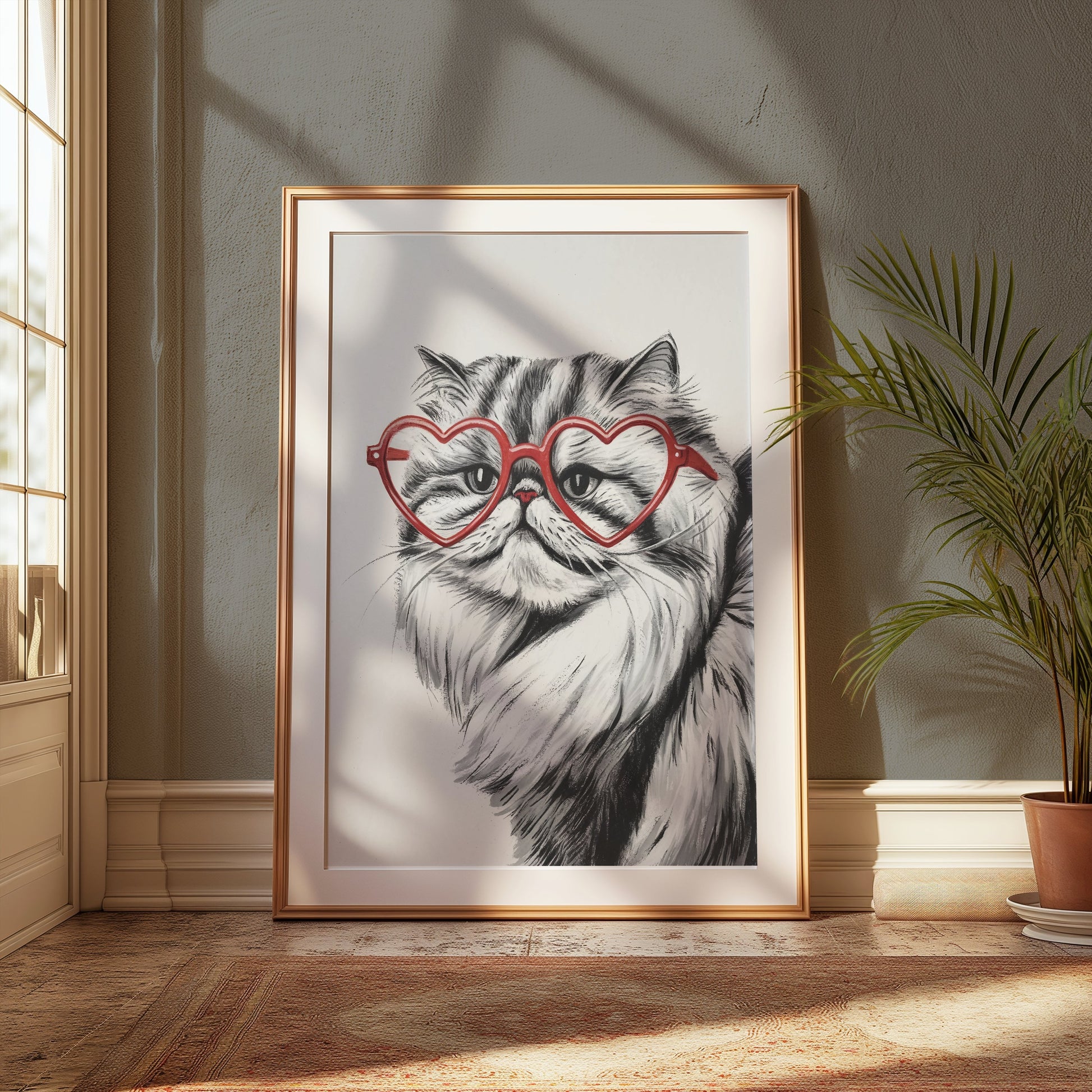 Premium Poster of Cat Illustration with Red Heart Sunglasses Posters