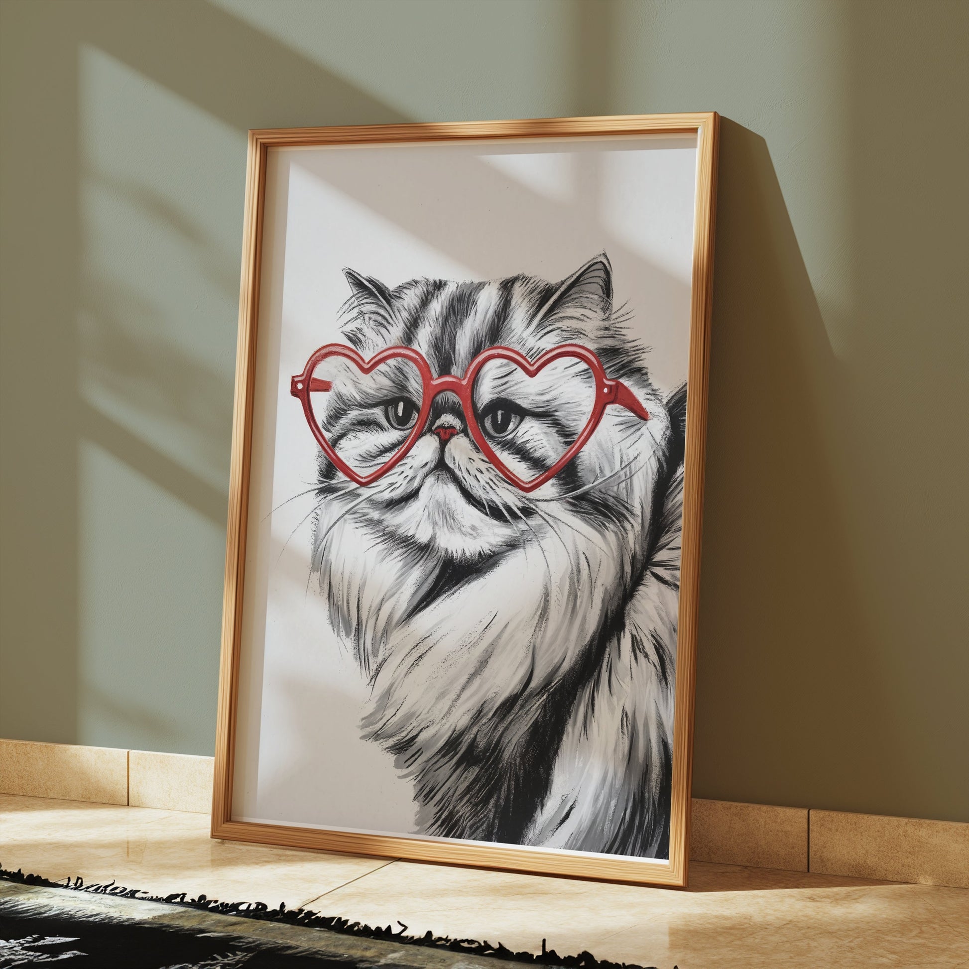 Premium Poster of Cat Illustration with Red Heart Sunglasses Posters