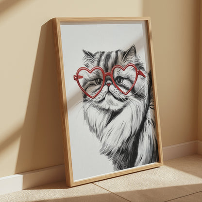 Premium Poster of Cat Illustration with Red Heart Sunglasses Posters