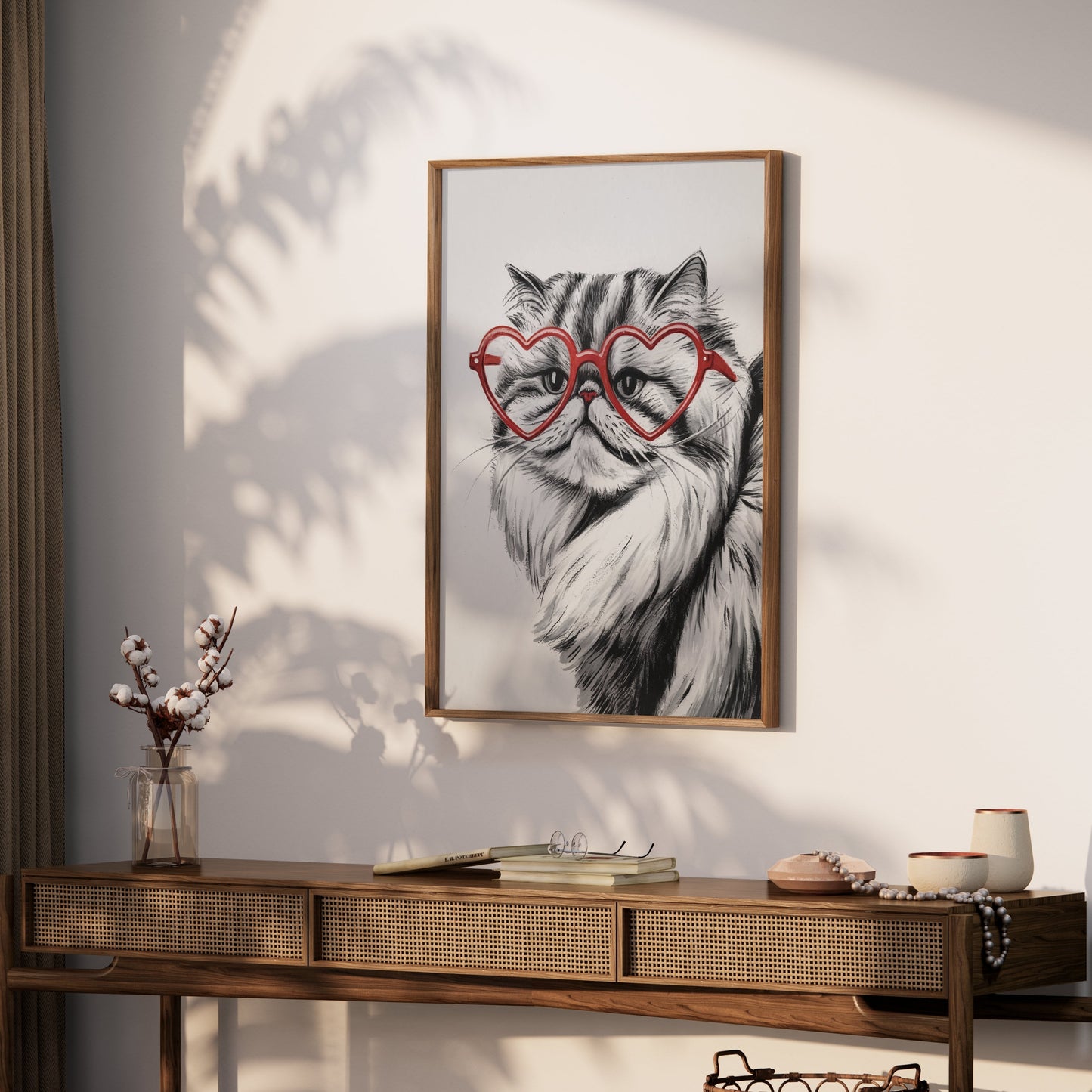 Premium Poster of Cat Illustration with Red Heart Sunglasses Posters