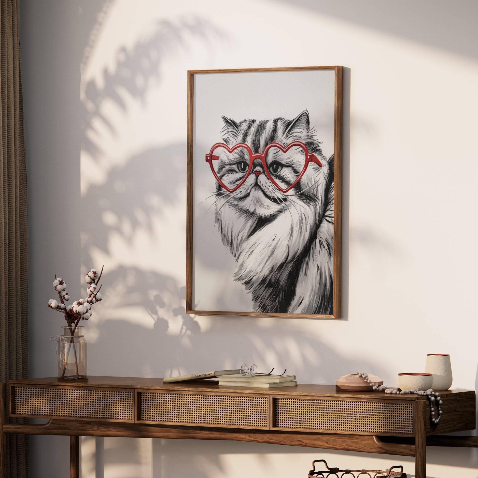 Premium Poster of Cat Illustration with Red Heart Sunglasses Posters