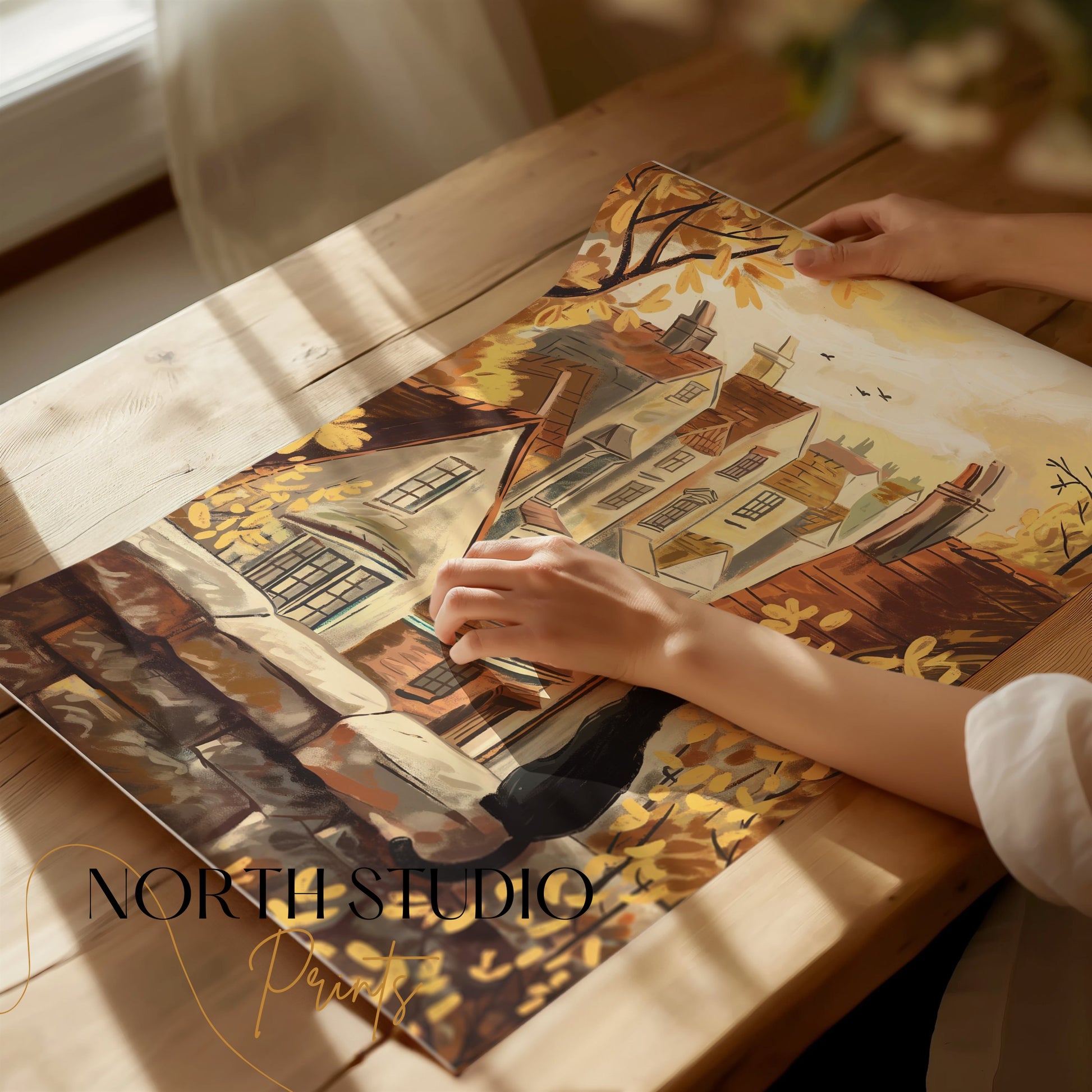 Premium Poster of Cat on Stone Wall Overlooking Village View Posters