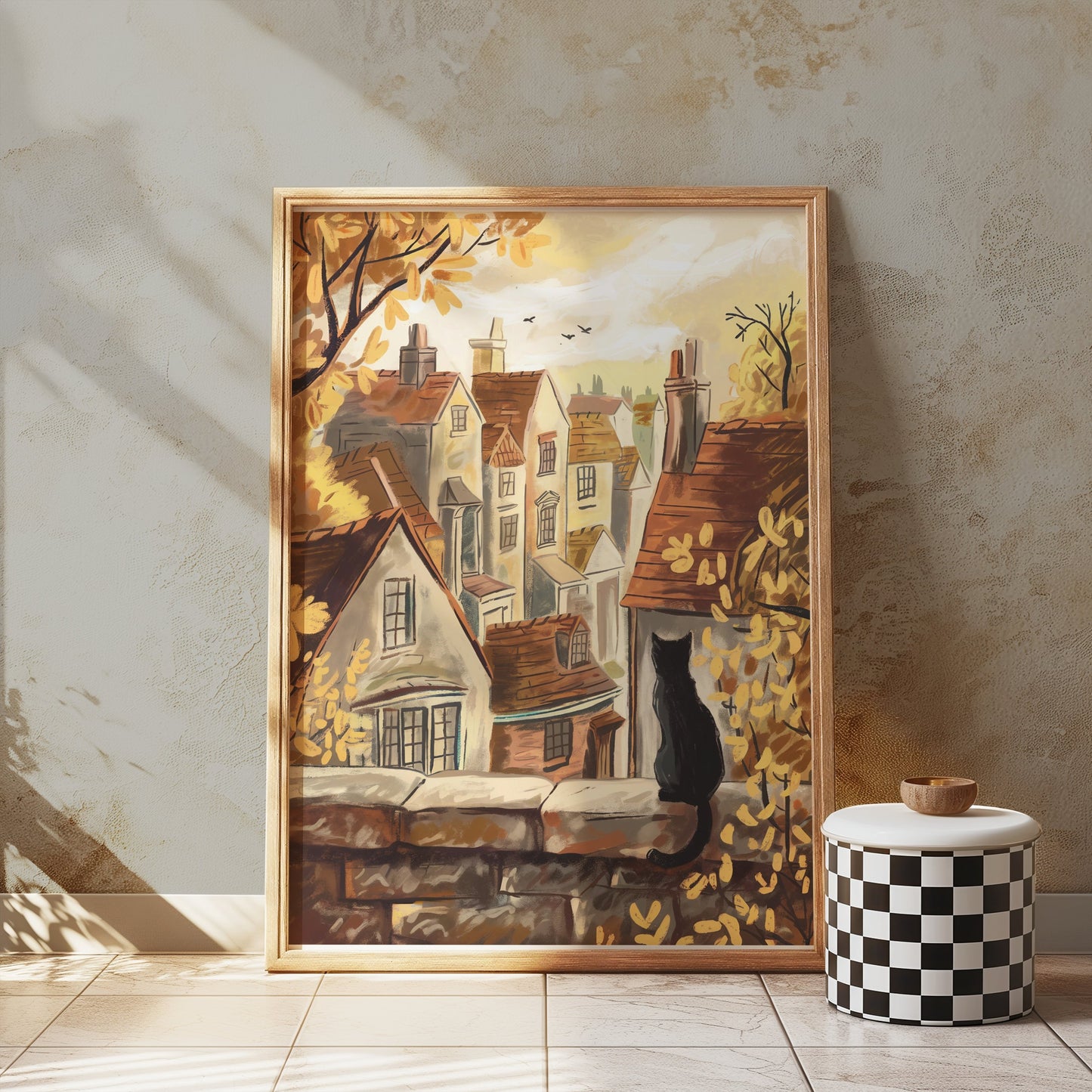 Premium Poster of Cat on Stone Wall Overlooking Village View Posters