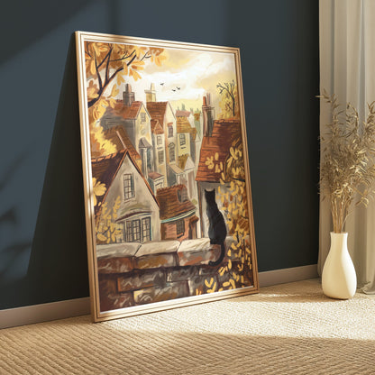 Premium Poster of Cat on Stone Wall Overlooking Village View Posters