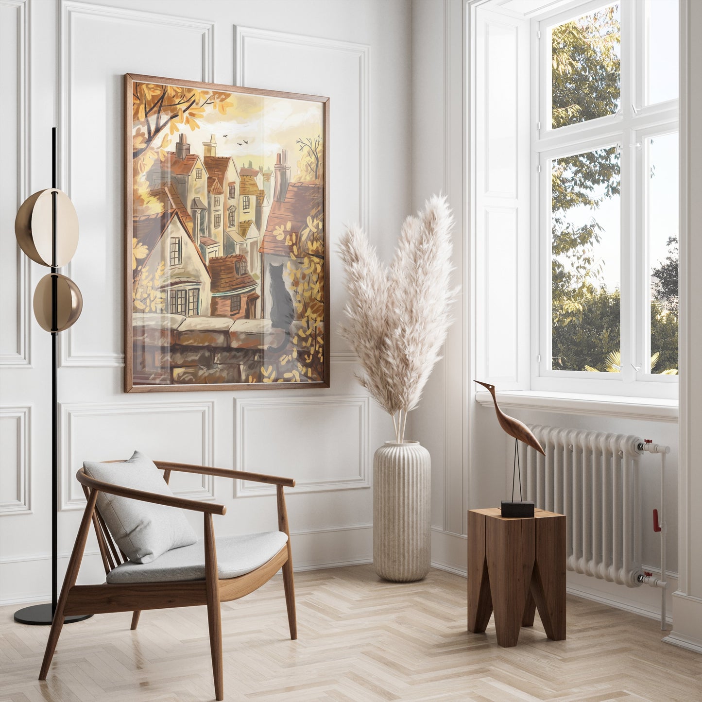 Premium Poster of Cat on Stone Wall Overlooking Village View Posters