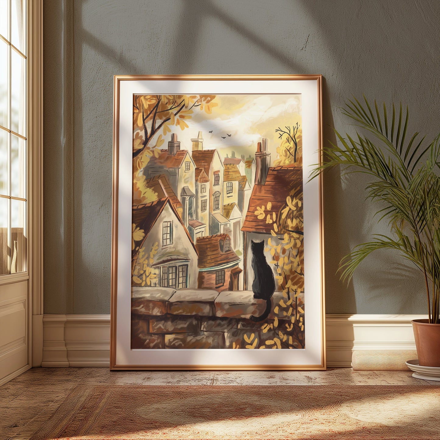 Premium Poster of Cat on Stone Wall Overlooking Village View Posters