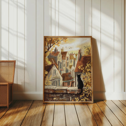 Premium Poster of Cat on Stone Wall Overlooking Village View Posters
