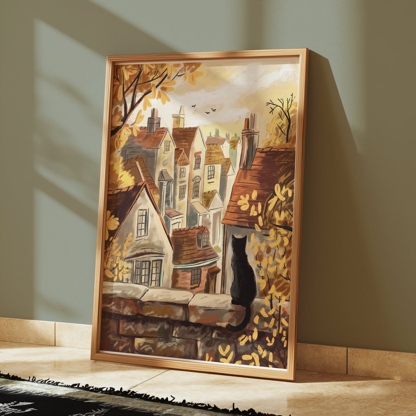 Premium Poster of Cat on Stone Wall Overlooking Village View Posters