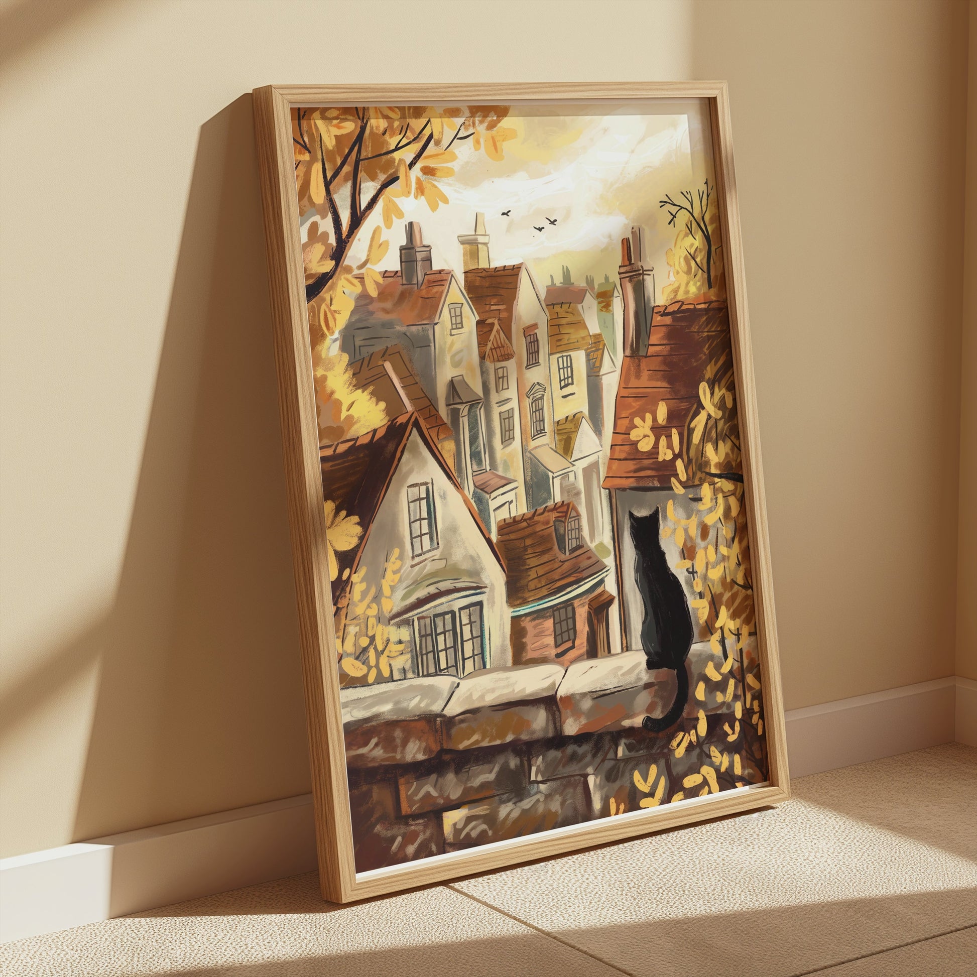 Premium Poster of Cat on Stone Wall Overlooking Village View Posters