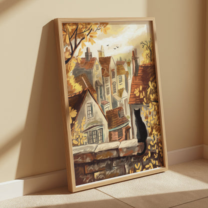 Premium Poster of Cat on Stone Wall Overlooking Village View Posters