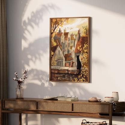 Premium Poster of Cat on Stone Wall Overlooking Village View Posters