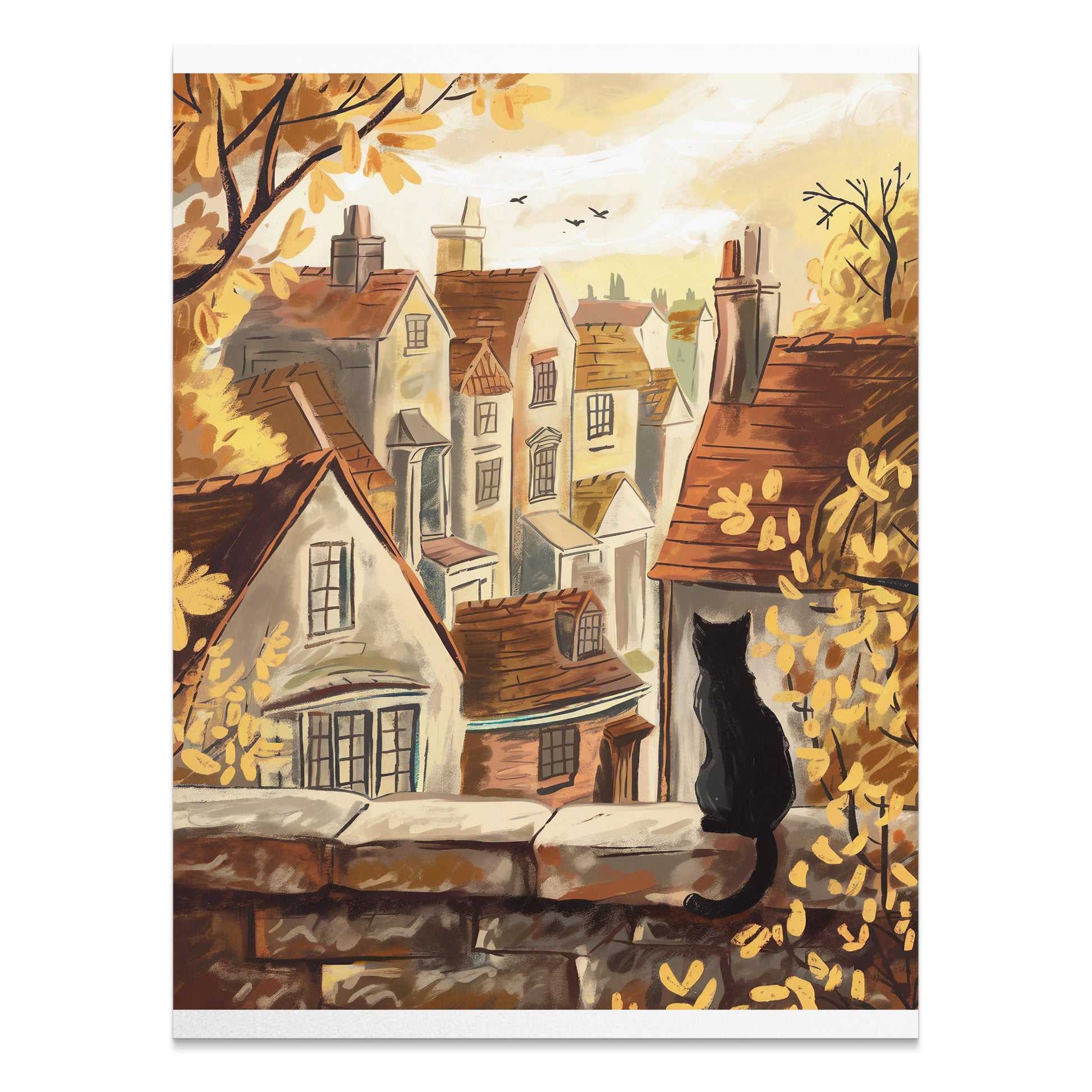 Premium Poster of Cat on Stone Wall Overlooking Village View Posters