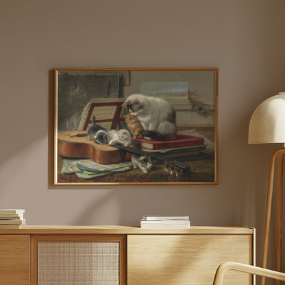 Premium Poster of Cats with Guitar and Books Cute Animal Art Posters