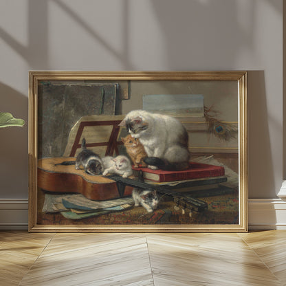 Premium Poster of Cats with Guitar and Books Cute Animal Art Posters