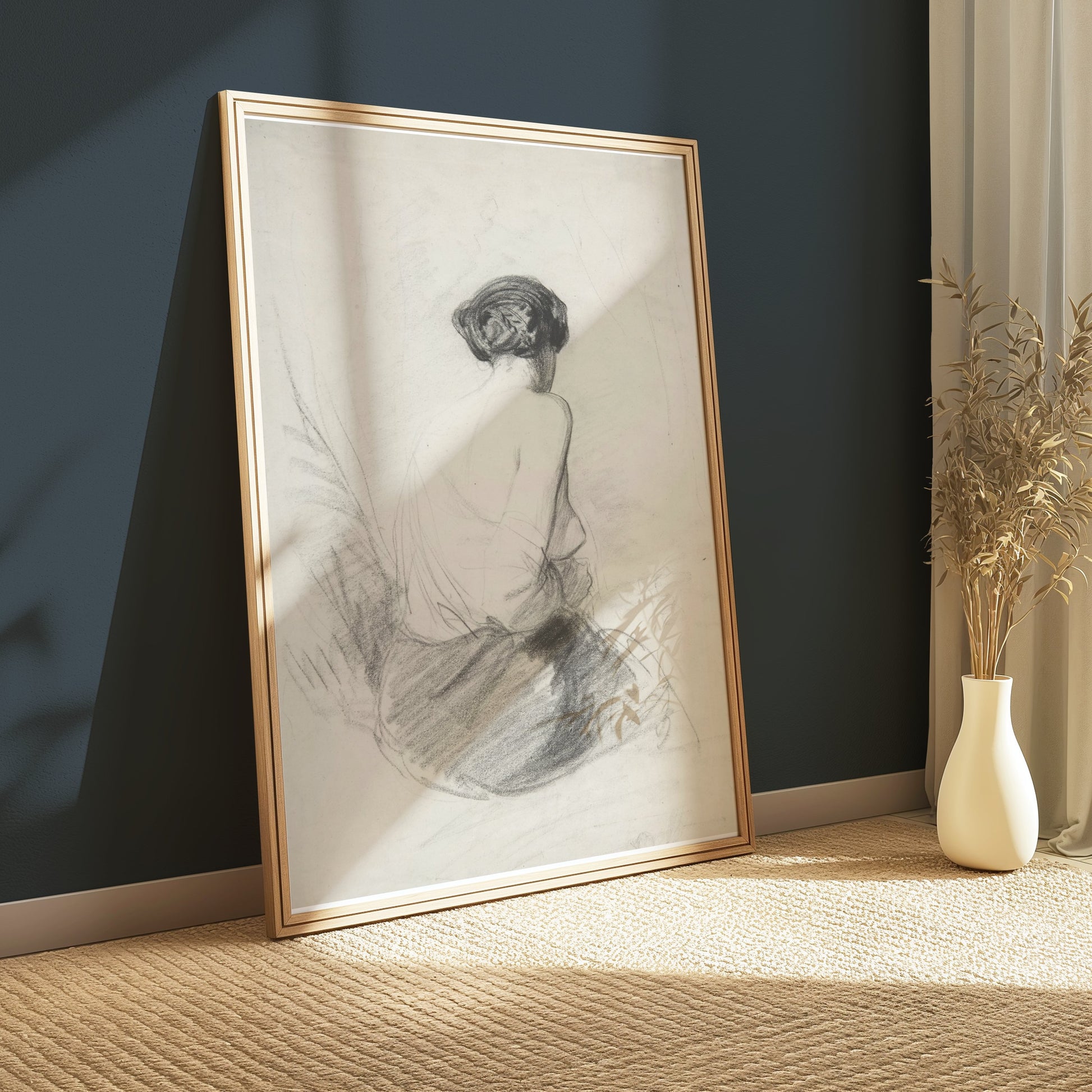 Premium Poster of Charcoal Sketch of Woman from Behind Art Print Posters