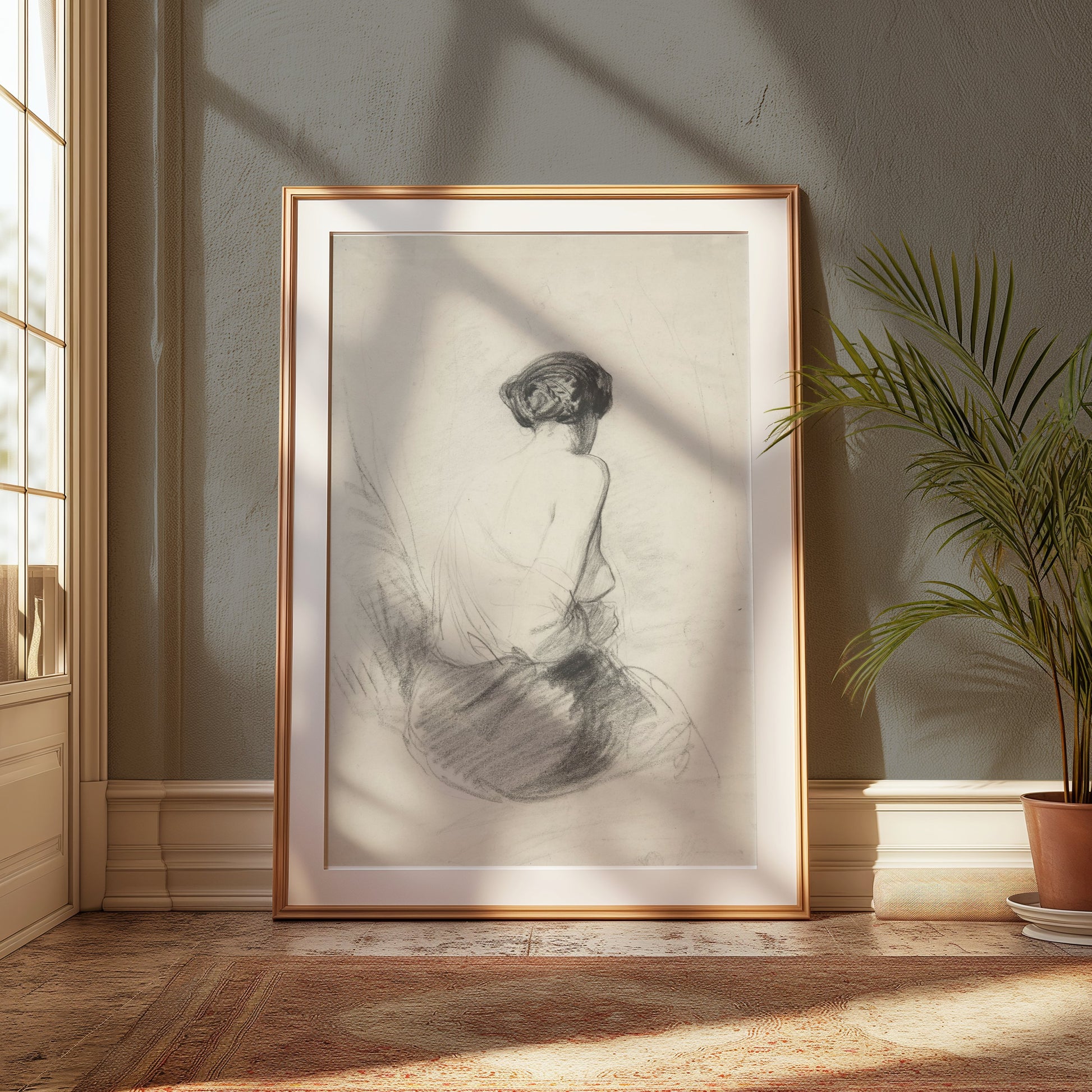 Premium Poster of Charcoal Sketch of Woman from Behind Art Print Posters
