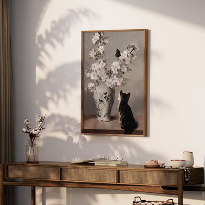 Premium Poster of Charming Cat Admiring Flowers Beautiful Art Posters