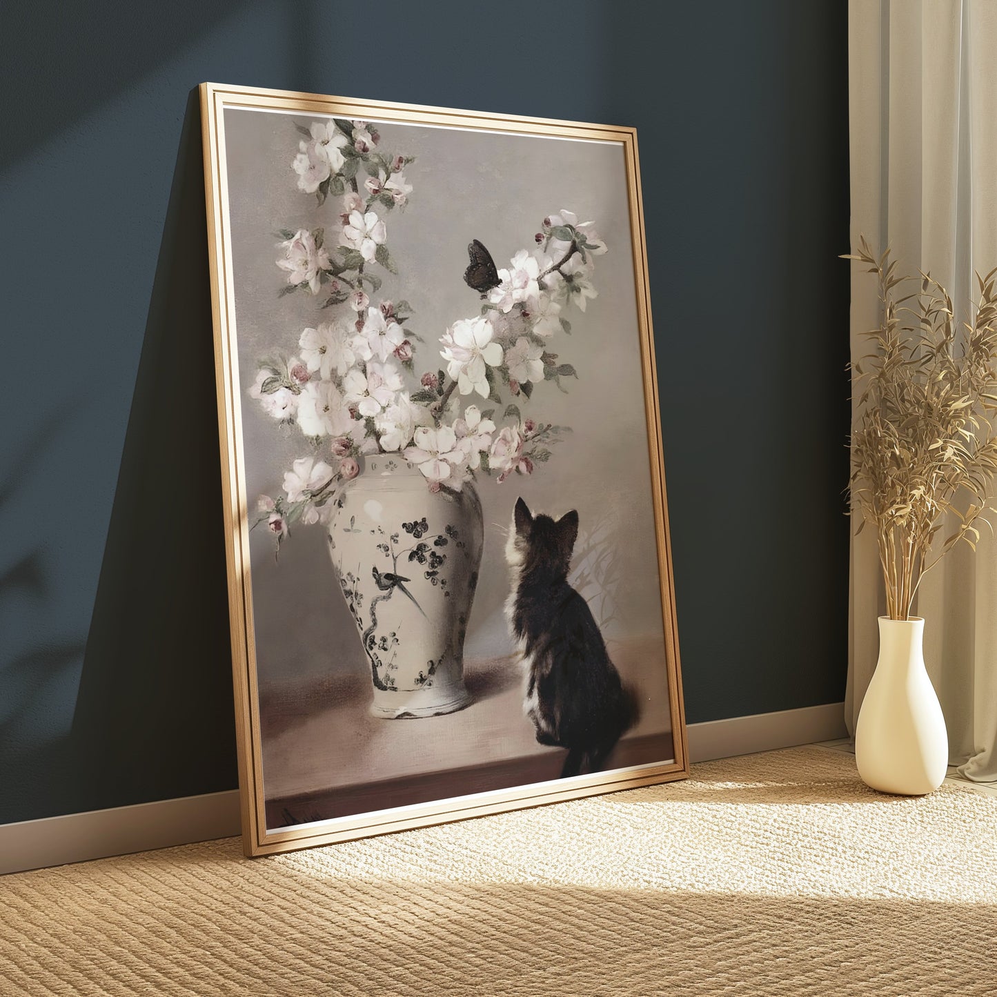 Premium Poster of Charming Cat Admiring Flowers Beautiful Art Posters