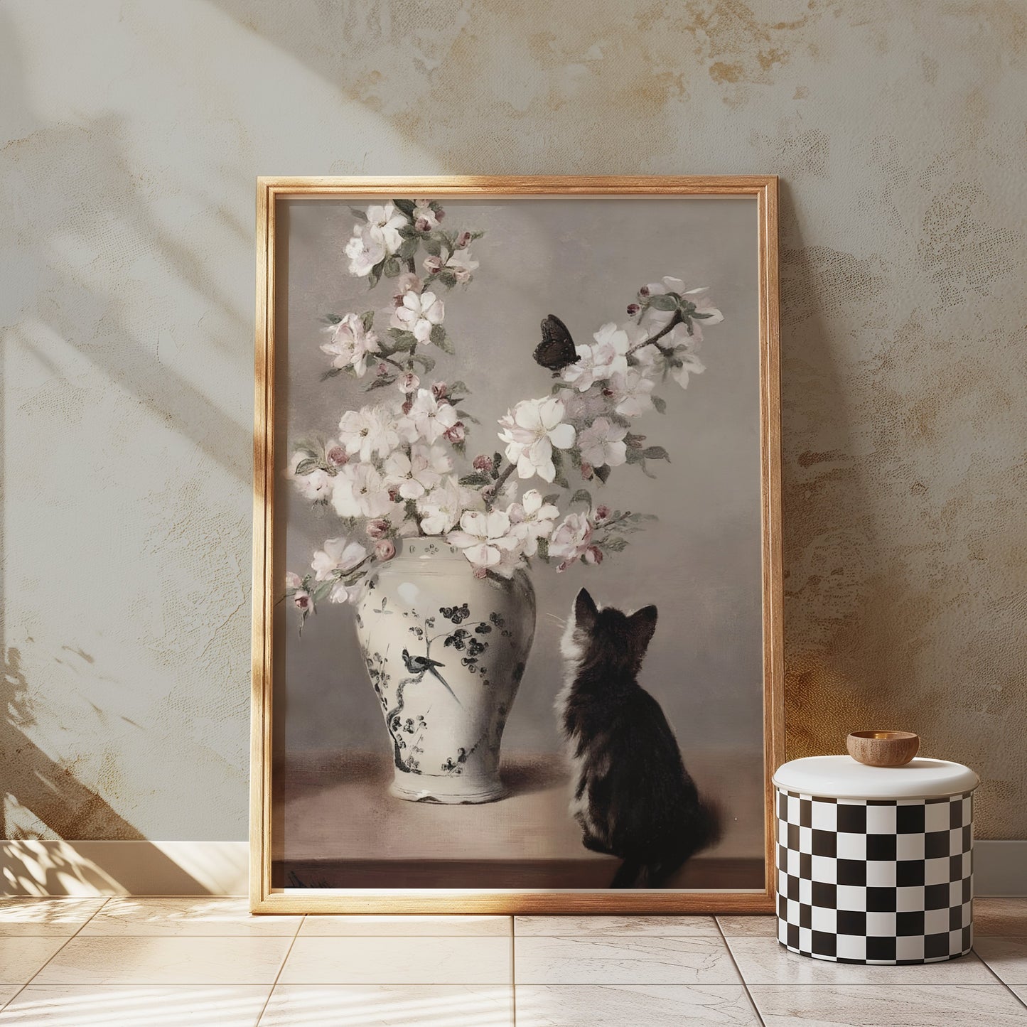 Premium Poster of Charming Cat Admiring Flowers Beautiful Art Posters