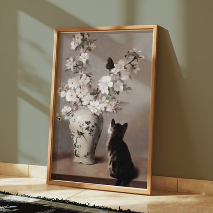 Premium Poster of Charming Cat Admiring Flowers Beautiful Art Posters