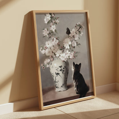 Premium Poster of Charming Cat Admiring Flowers Beautiful Art Posters