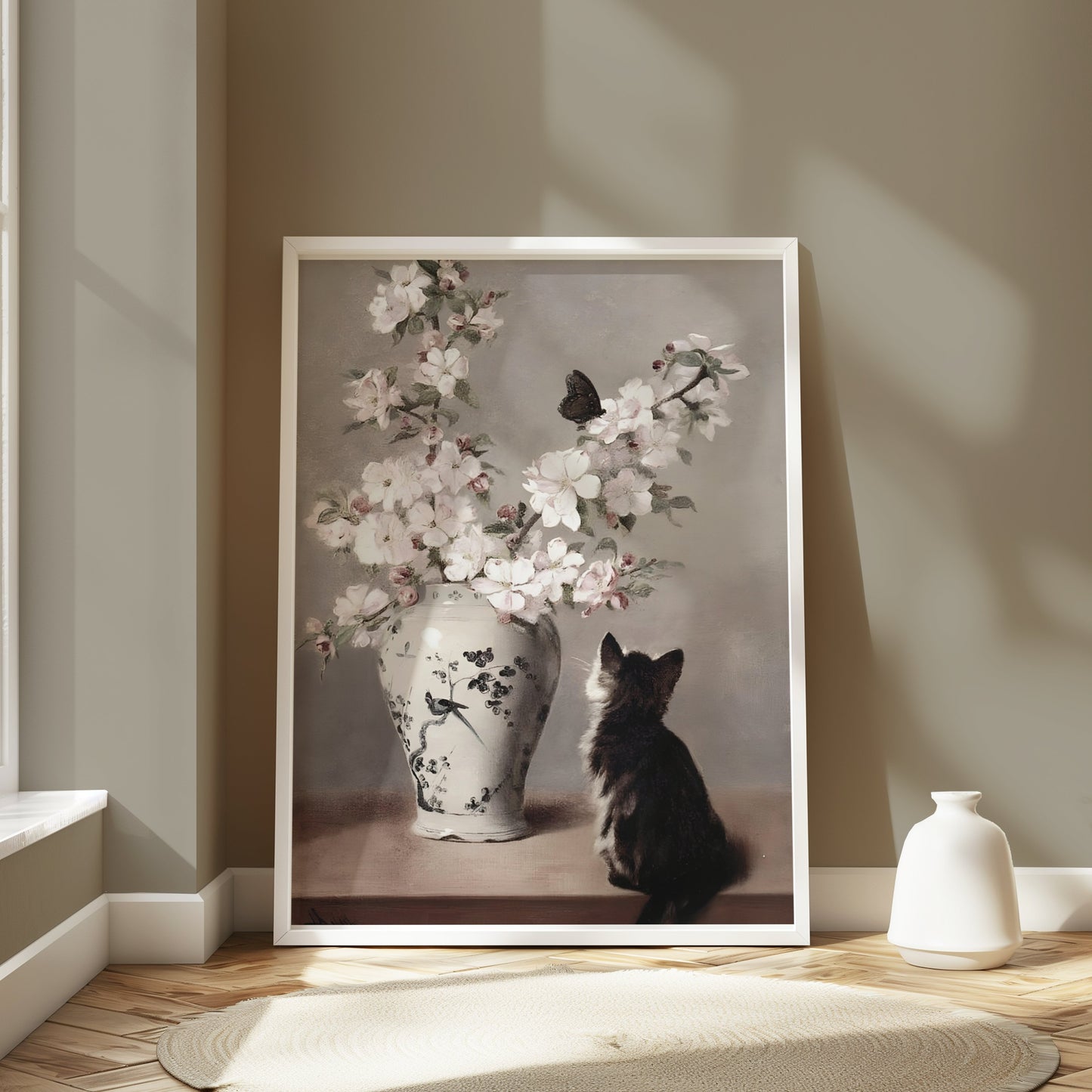Premium Poster of Charming Cat Admiring Flowers Beautiful Art Posters