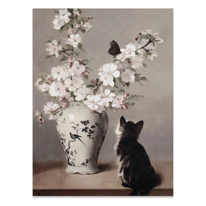 Premium Poster of Charming Cat Admiring Flowers Beautiful Art Posters