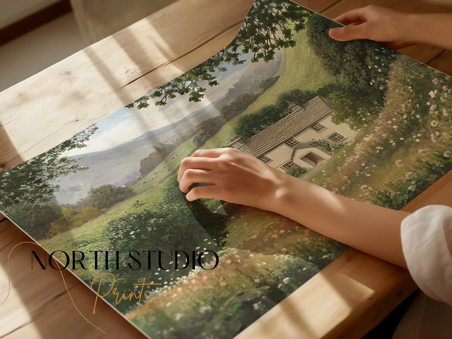 Premium Poster of Charming Cottage in Lush Countryside Landscape Posters