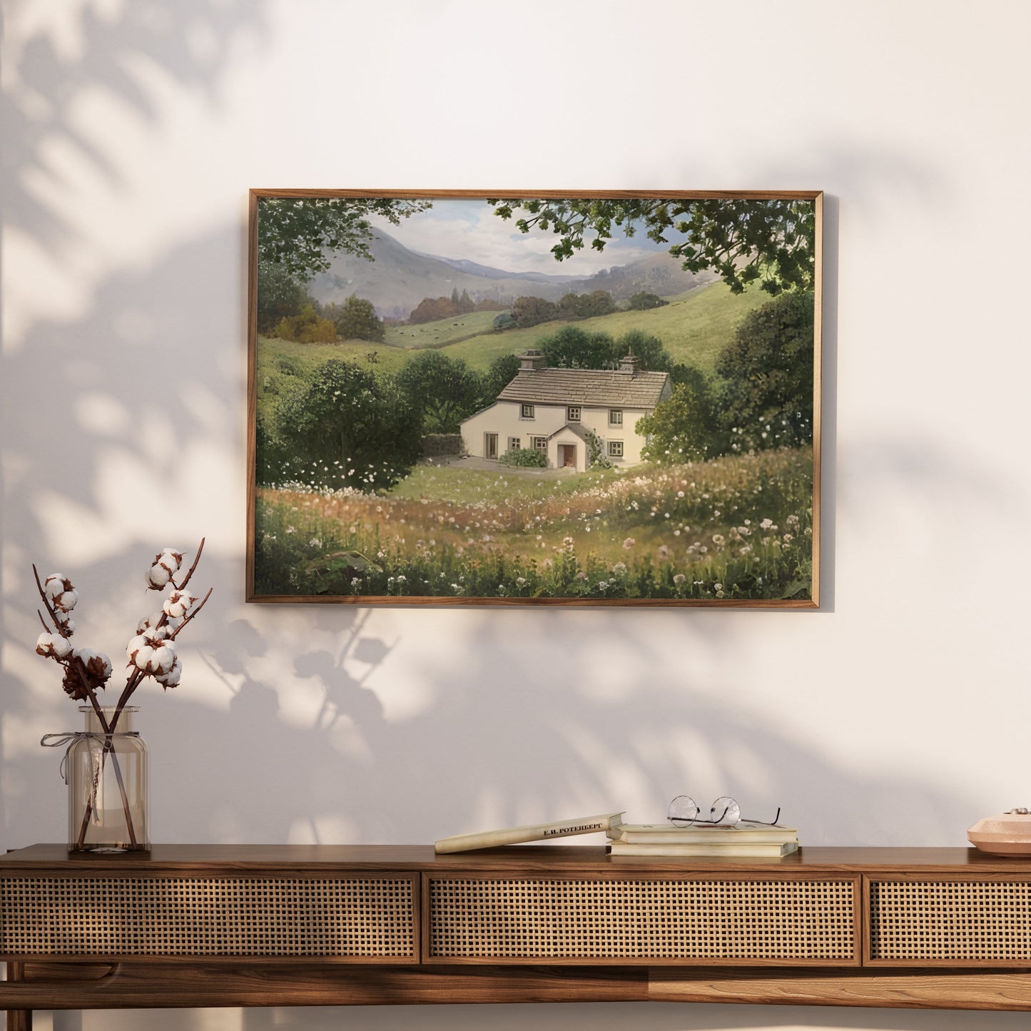 Premium Poster of Charming Cottage in Lush Countryside Landscape Posters