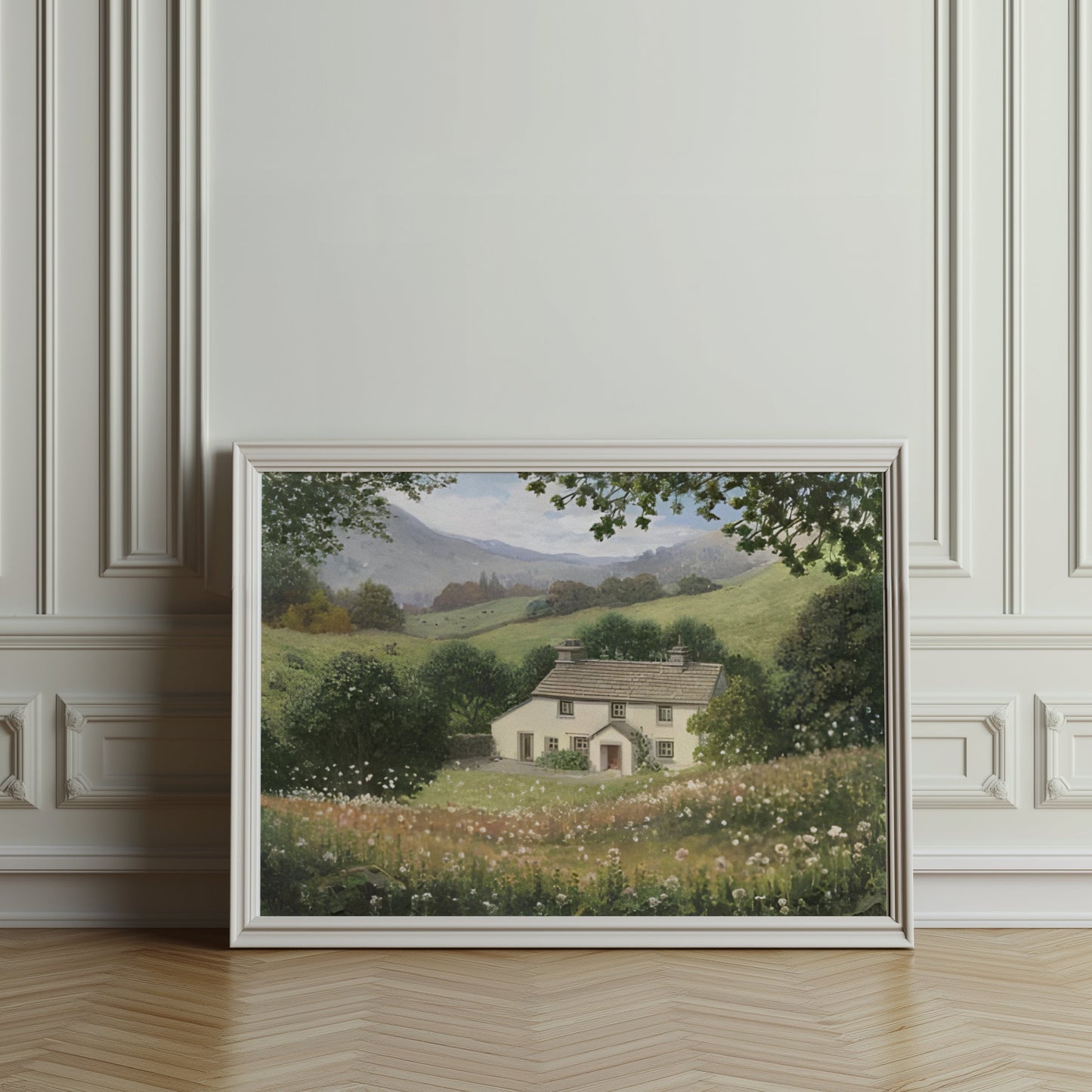 Premium Poster of Charming Cottage in Lush Countryside Landscape Posters