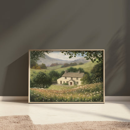 Premium Poster of Charming Cottage in Lush Countryside Landscape Posters