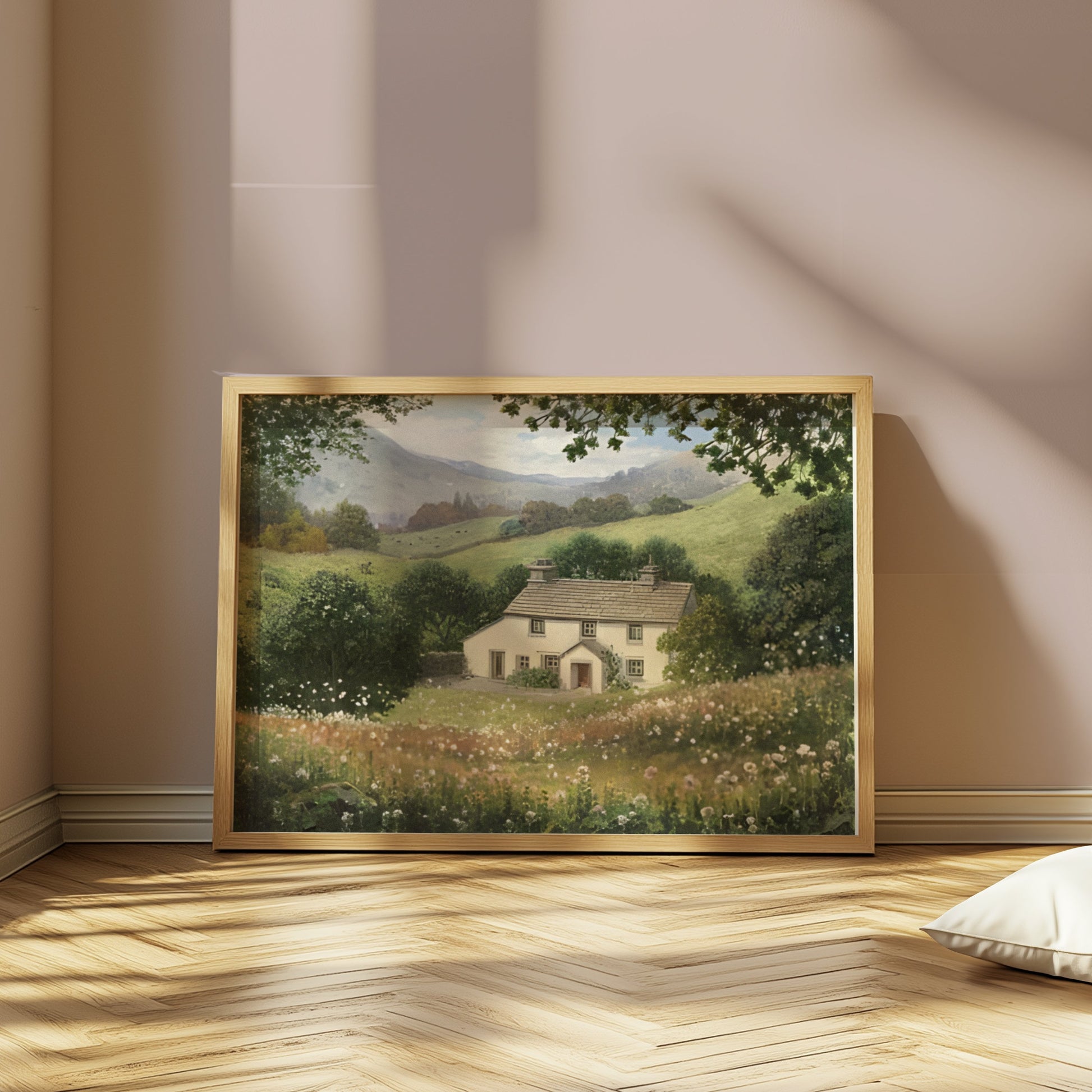 Premium Poster of Charming Cottage in Lush Countryside Landscape Posters