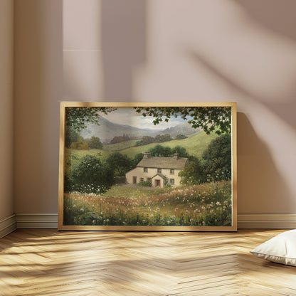 Premium Poster of Charming Cottage in Lush Countryside Landscape Posters