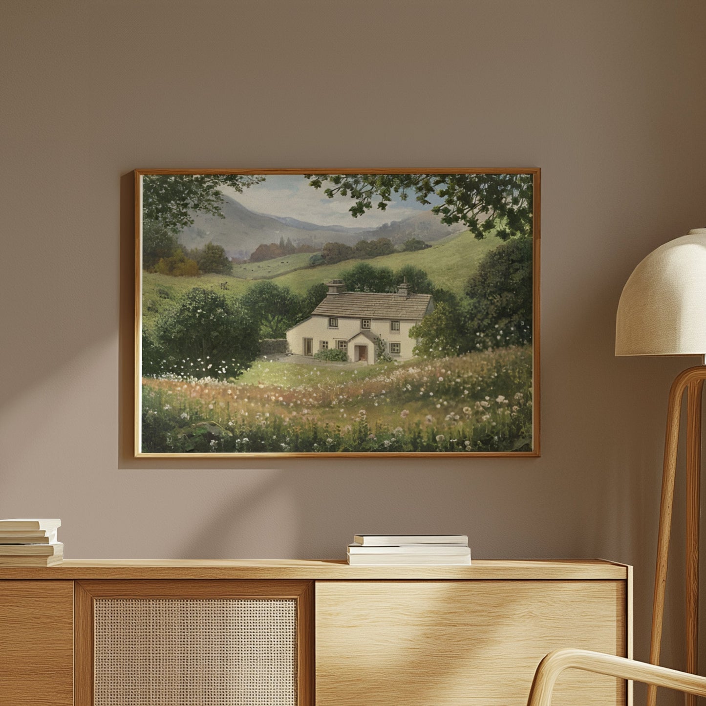 Premium Poster of Charming Cottage in Lush Countryside Landscape Posters