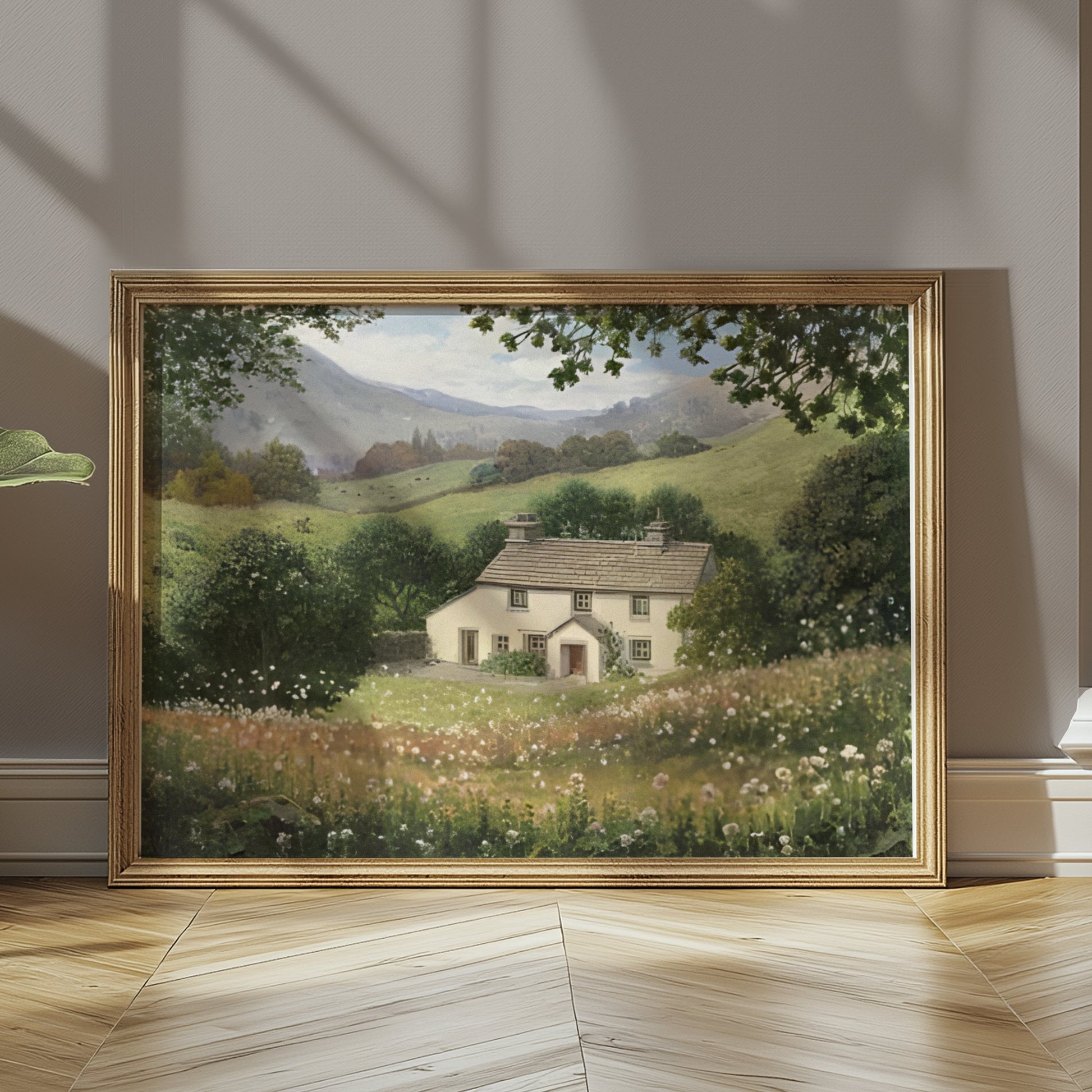 Premium Poster of Charming Cottage in Lush Countryside Landscape Posters