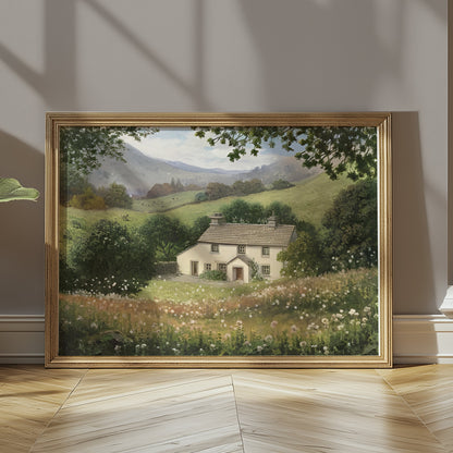 Premium Poster of Charming Cottage in Lush Countryside Landscape Posters