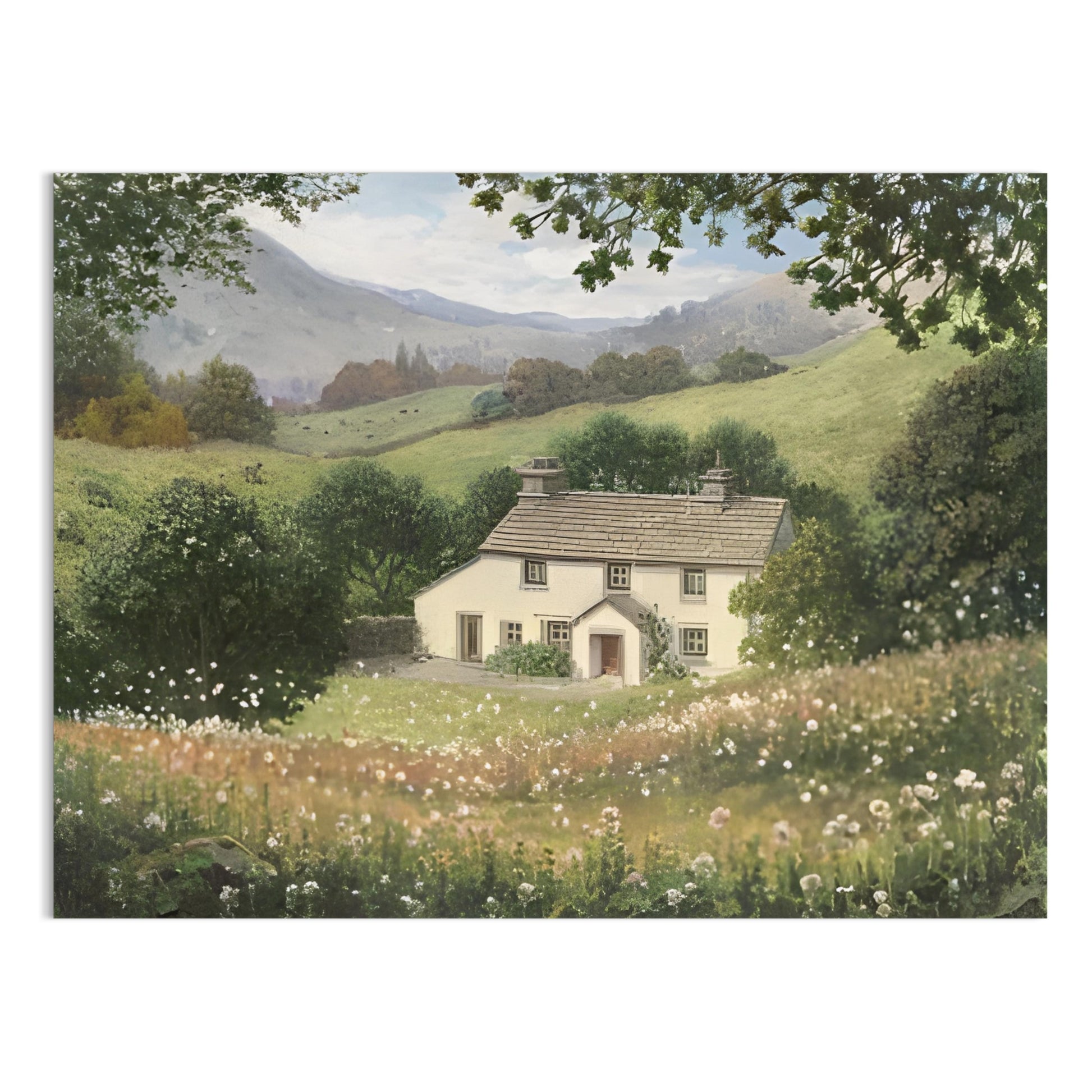 Premium Poster of Charming Cottage in Lush Countryside Landscape Posters