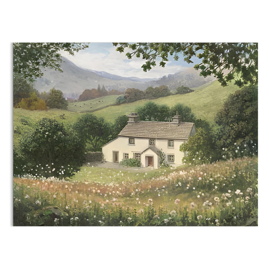 Premium Poster of Charming Cottage in Lush Countryside Landscape Posters