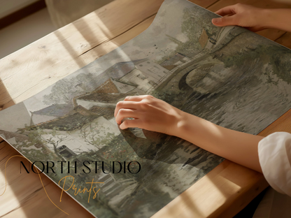 Premium Poster of Charming Countryside River Bridge Scenic Artwork Posters